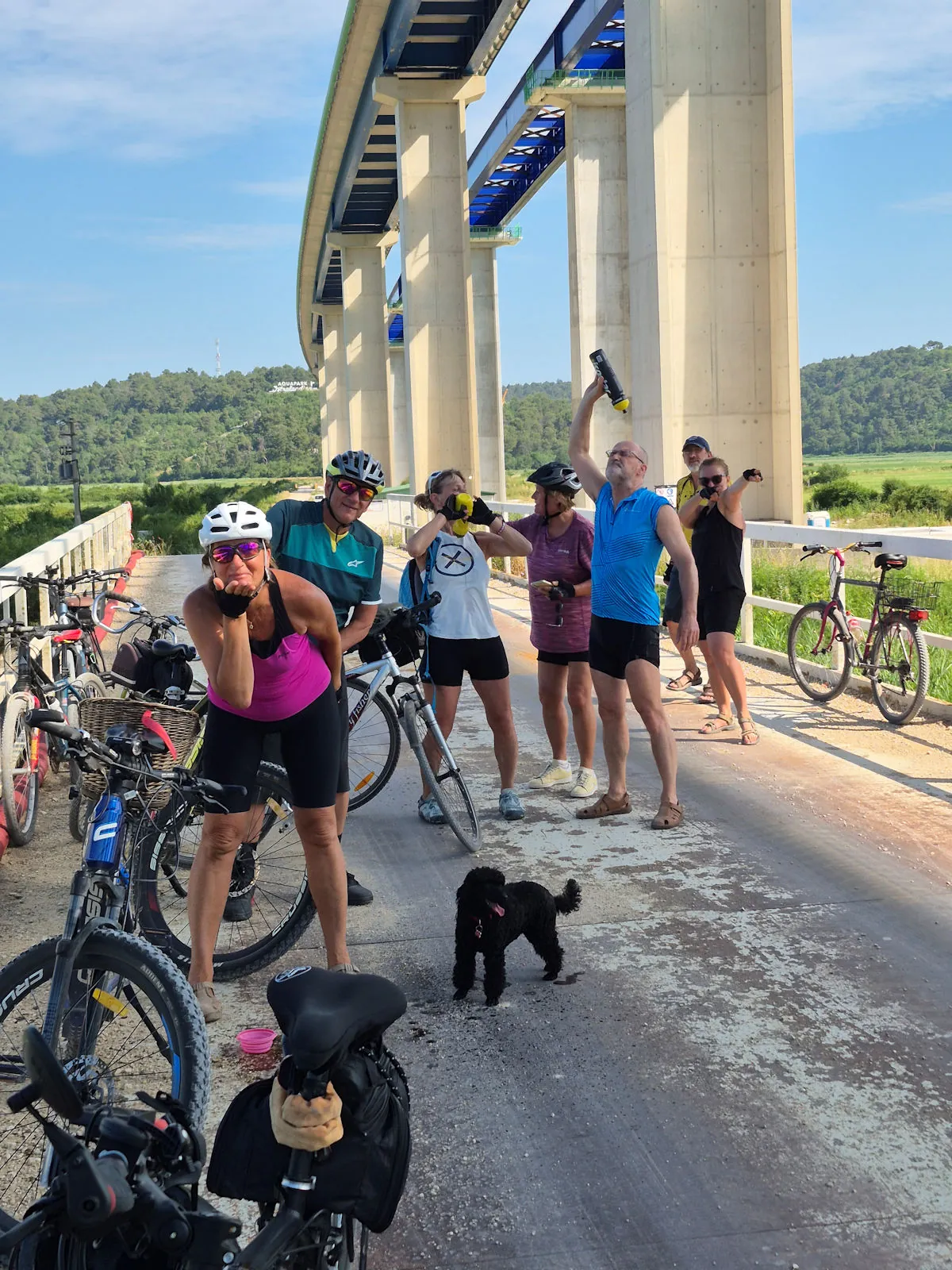 Cyclists resting in the shade under a viaduct during a ride along the Mirna river